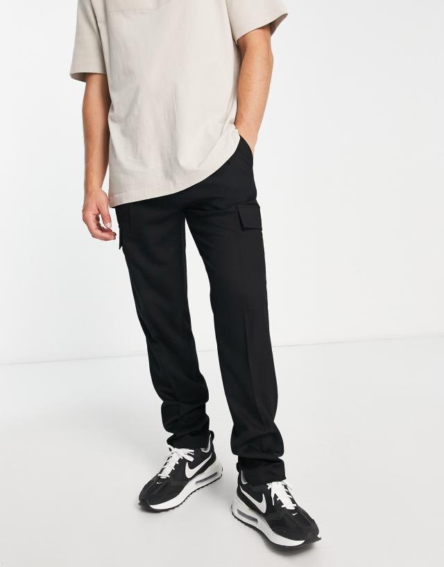 Topman belted cargo pants in black