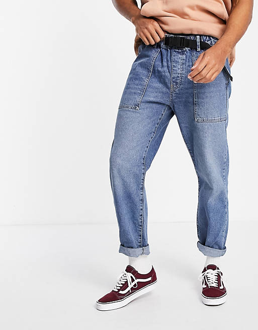 Topman belted jeans in mid wash