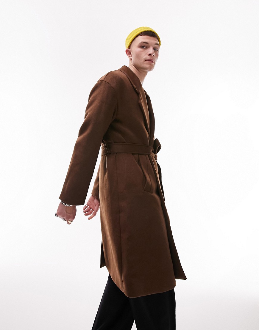 Topman belted overcoat in chocolate brown wool blend-Neutral