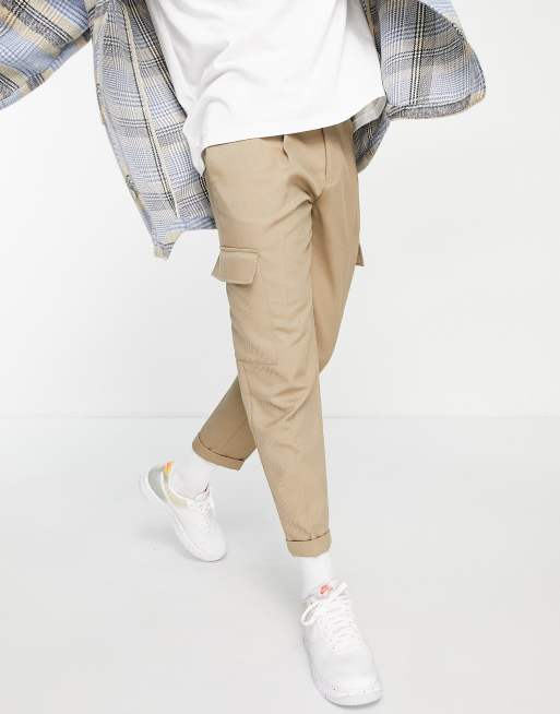 Topman – Beżowe spodnie bojówki z diagonalu ze zwężanymi nogawkami