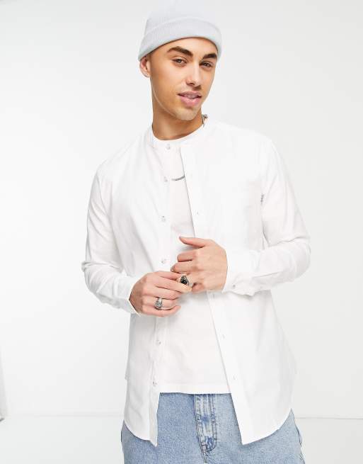 Topman – Biała elastyczna koszula oxford o obcisłym kroju z długimi rękawami i stójką