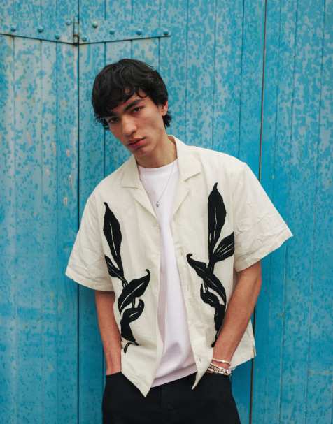 Topman short sleeve floral embroidered shirt in white