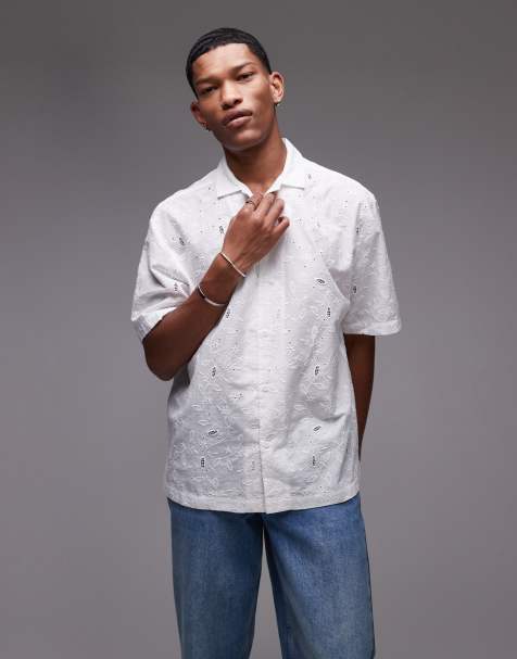 Topman short sleeve relaxed revere embroidered shirt in white