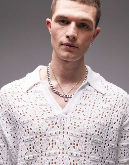 Topman – Biała szydełkowana koszulka dzianinowa polo z dekoltem w szpic