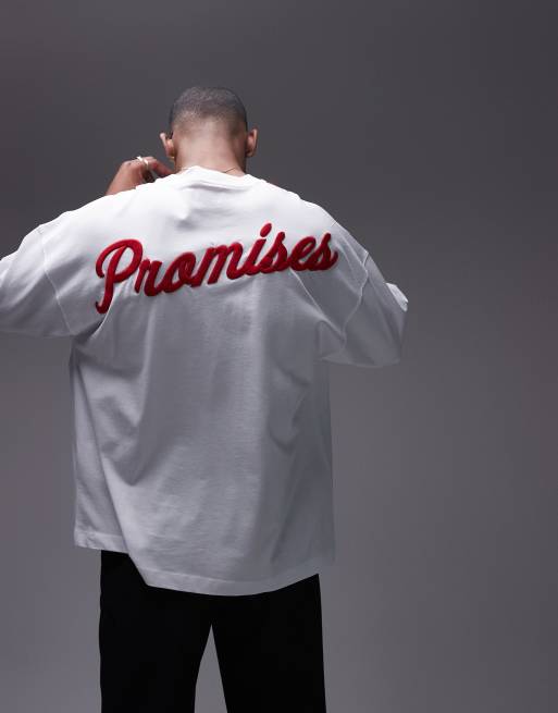 Topman – Biały gruby T-shirt o fasonie extreme oversize z czerwonym haftowanym napisem „Promises” z przodu i na plecach