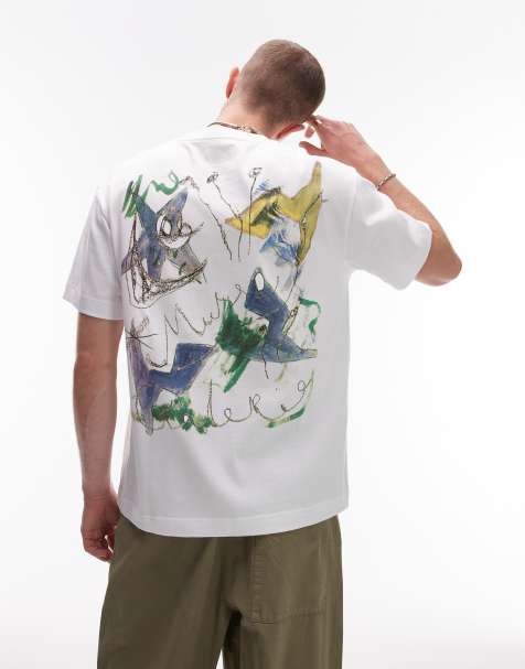 Topman – Biały, luźny T-shirt z nadrukiem malarskim z przodu i z tyłu - view 1