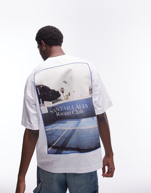 Topman – Biały T-shirt extreme oversize z nadrukiem i napisem „Racquet Club” z przodu i na plecach