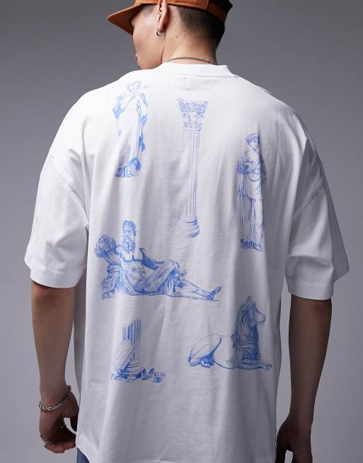 Topman – Biały T-shirt o fasonie extreme oversize z nadrukiem greckich kolumn z przodu i z tyłu