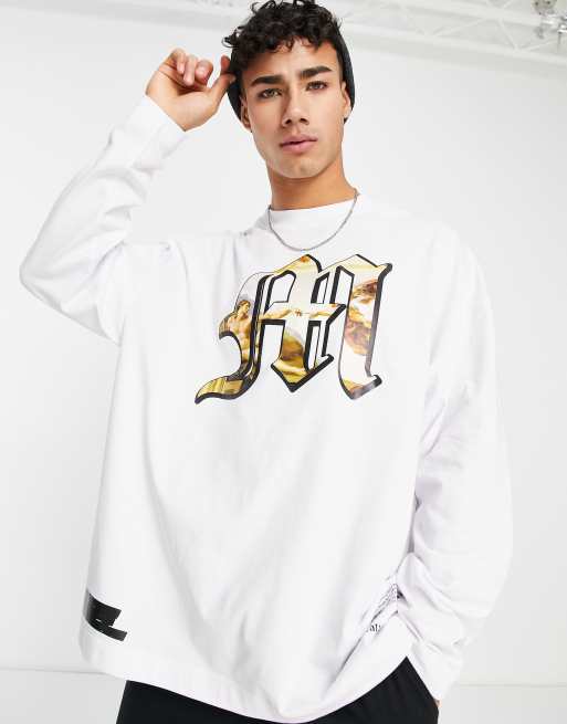 Topman – Biały T-shirt oversize z długimi rękawami i nadrukiem monogramu „Michelangelo”