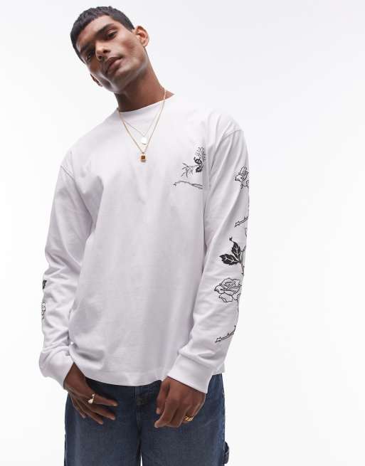 Topman – Biały T-shirt oversize z długimi rękawami i nadrukiem róż na piersi i na rękawie