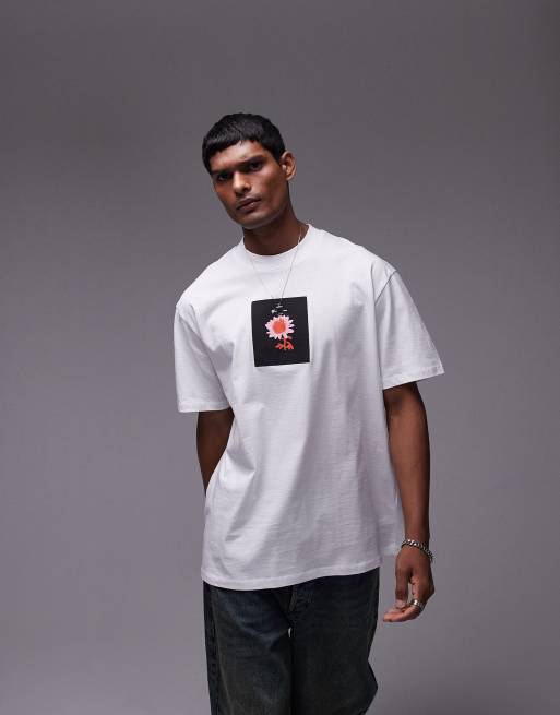Topman – Biały T-shirt oversize z nadrukiem z japońskim kwiatem