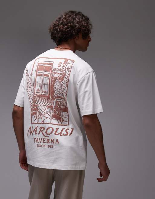 Topman – Biały T-shirt oversize z nadrukiem z napisem „Taverna” z przodu i na plecach