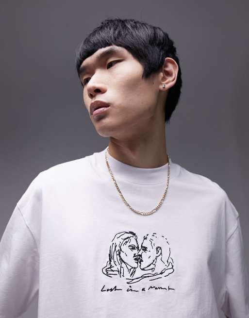 Topman – Biały T-shirt oversize z wyhaftowanym „Lost in Love”