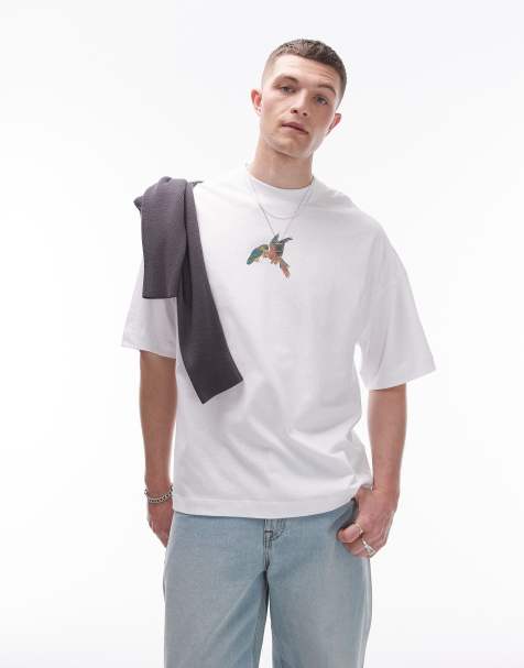 Topman – Biały T-shirt premium extreme oversize z nadrukiem z motywem papug z przodu i na plecach - view 1