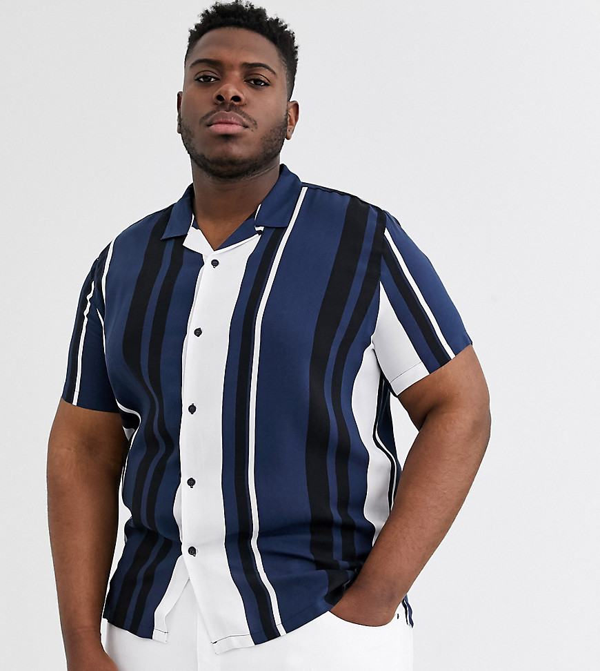 Topman – Big & Tall – Blå och gräddvit, randig skjorta-Marinblå