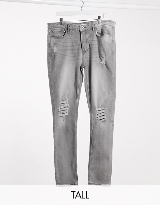 Topman Big & Tall skinny jeans with distressed rips in grey