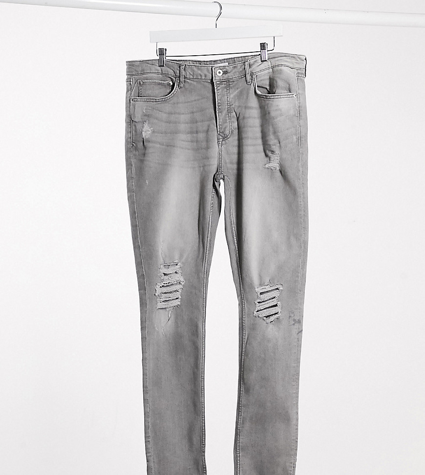 Topman Big & Tall skinny jeans with distressed rips in grey