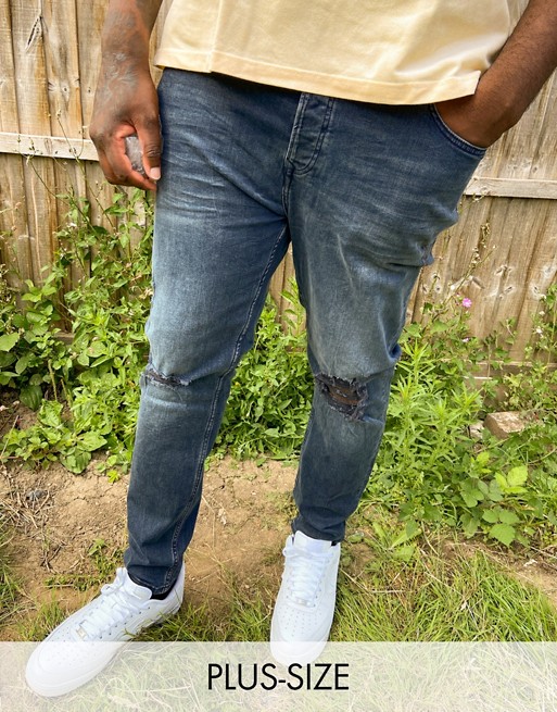 Topman Big & Tall skinny jeans with rips in grey wash