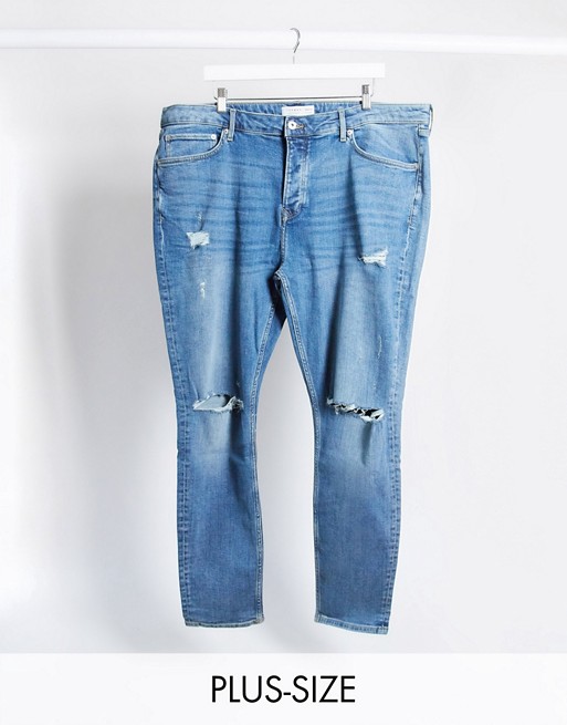 Topman Big & Tall skinny jeans with rips in mid wash blue
