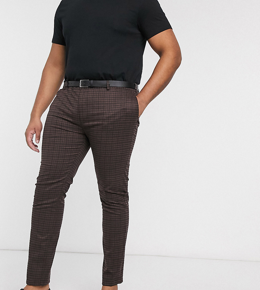 Topman Big & Tall skinny smart trousers in brown heritage check-Multi