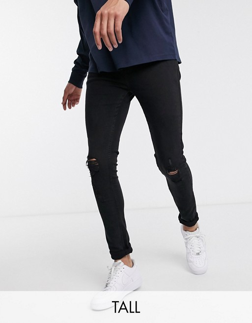Topman Big & Tall spray on jeans with rips in washed black