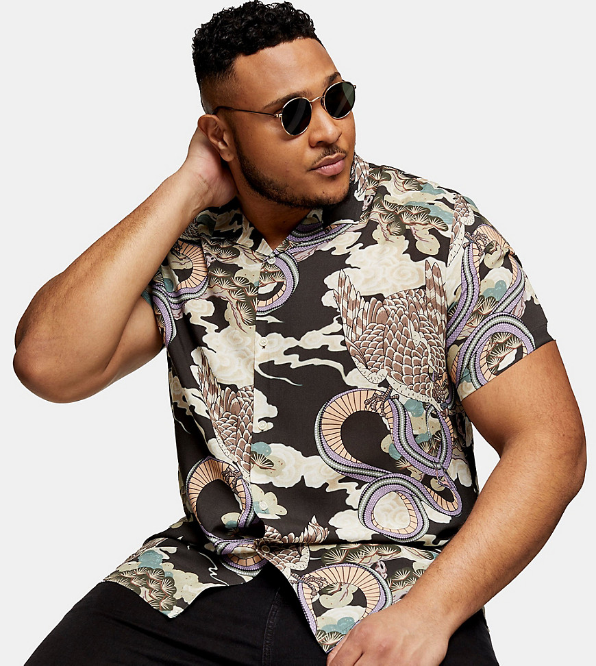 Topman – Big & Tall – Svart, ormskinnsmönstrad, kortärmad skjorta med platt krage