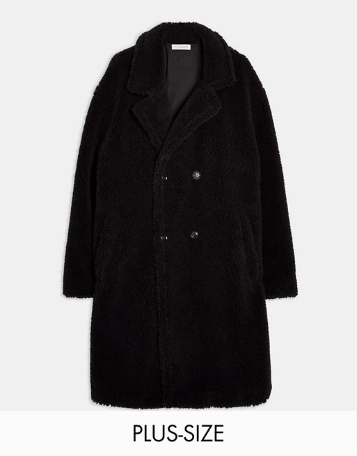 Topman Big & Tall teddy double breasted longline coat in black