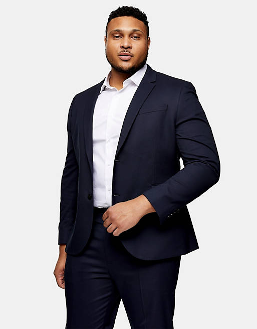 Topman Big & Tall textured skinny fit single breasted suit jacket with notch lapels in navy