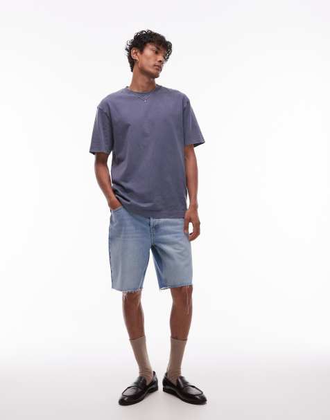 Topman - Blå denimshorts med lige ben og rå kanter i lys vask - view 1