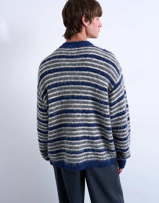 Topman - Blå fluffy cardigan med rund hals og striber, 5 af 5