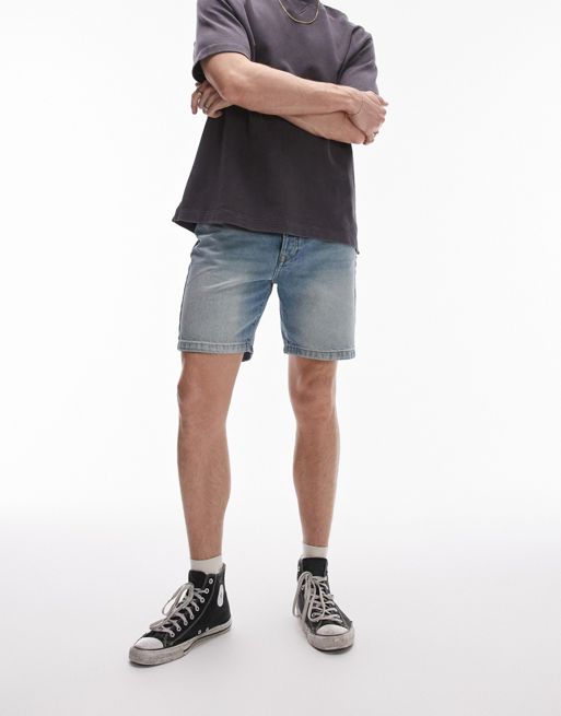 Topman – Blå jeansshorts med raka ben och ljus tvätt