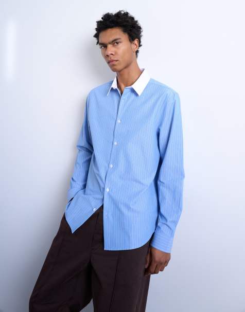 Topman - Blå langærmet og elegant skjorte i regular fit med striber og krave i kontrast - view 1