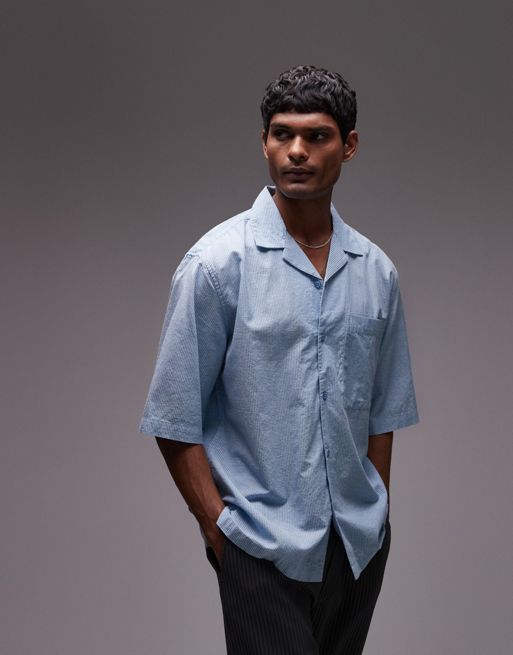 Topman – Blå randig skjorta med boxig passform och korta ärmar