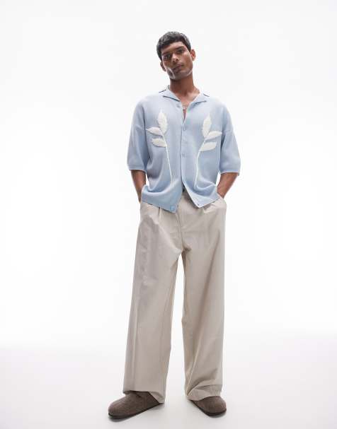 Topman – Blå, stickad skjorta med broderade blommor och platt krage - view 1