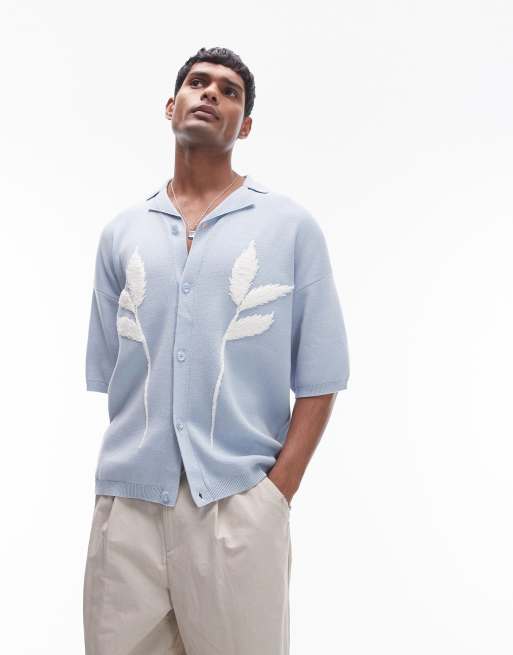 Topman – Blå, stickad skjorta med broderade blommor och platt krage, 2 av 4