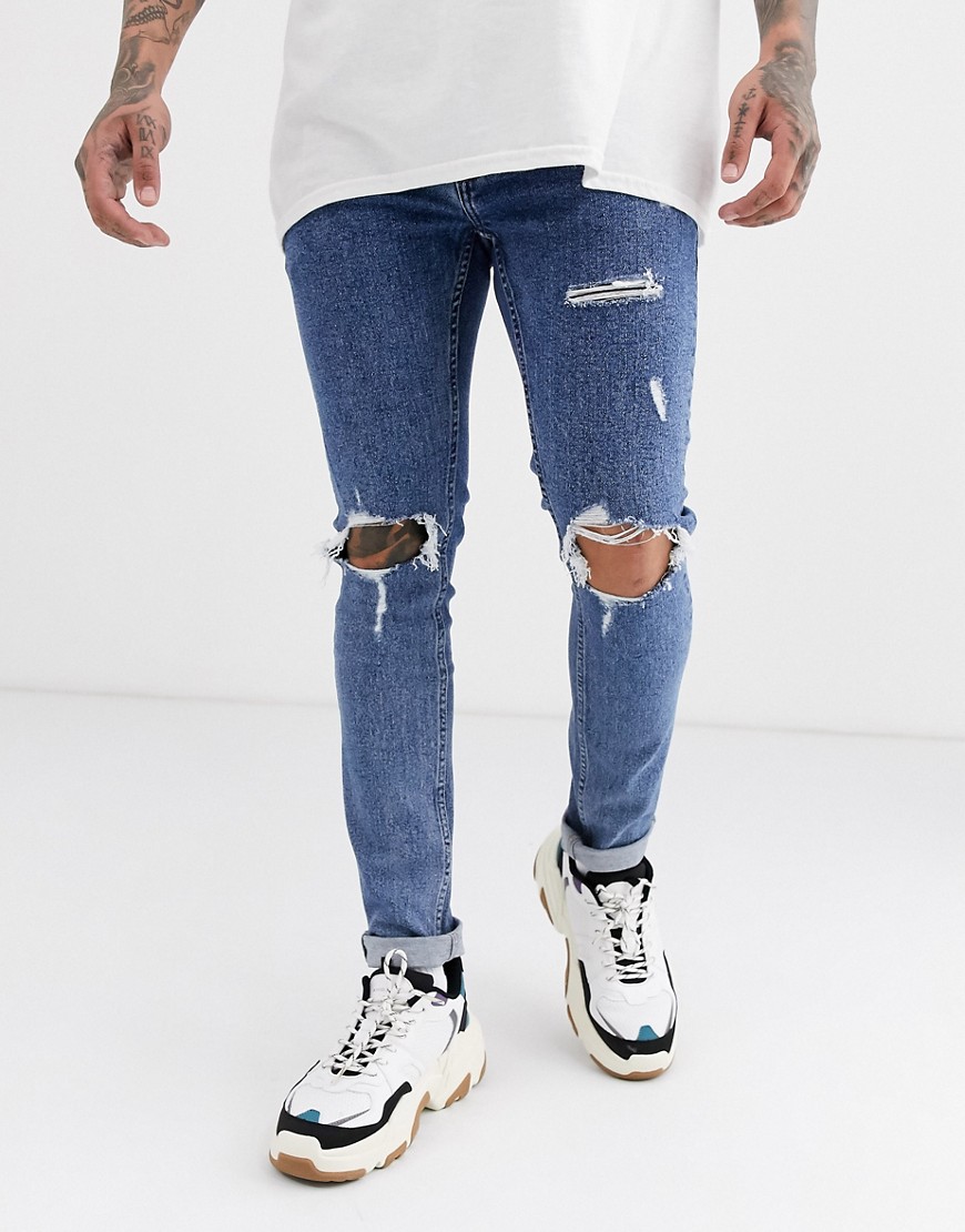 Topman – Blå tvättade skinny jeans med revor