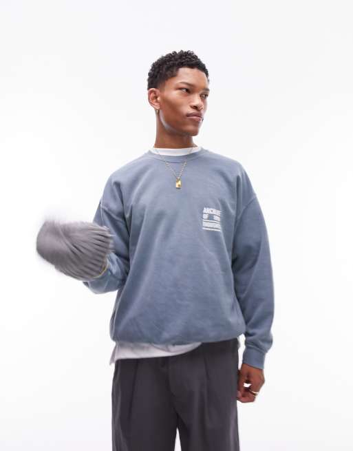 Topman – Blå, urtvättad sweatshirt i oversize med 'Archive of Thoughts'-tryck fram- och baktill