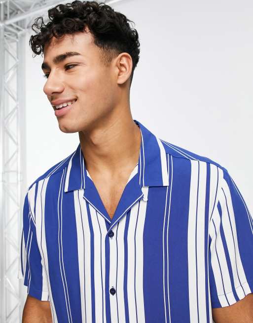 Topman Bla vit och zebrarandig pyjamas med platt krage ASOS