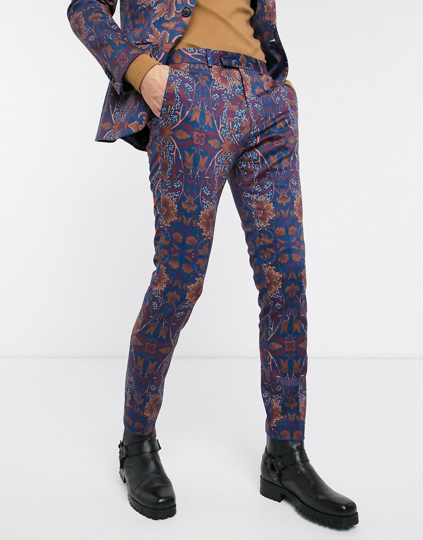 Topman – Blåblommiga kostymbyxor med extra smal passform-Flerfärgad
