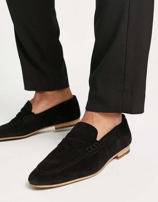 Topman black real suede loafers in black