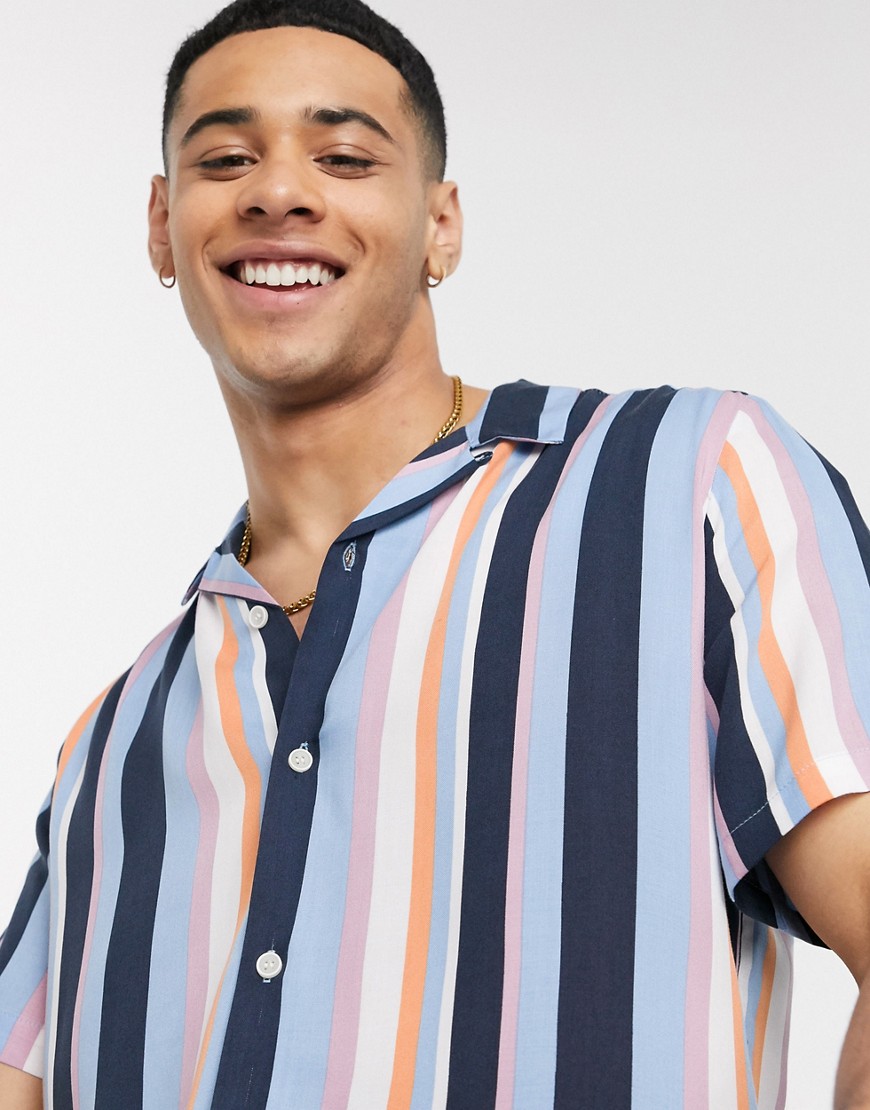 Topman – Blårandig, kortärmad skjorta-Flerfärgad