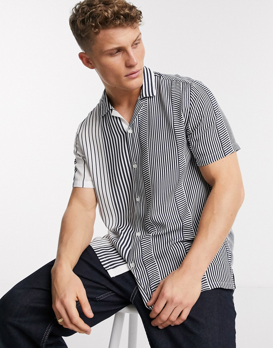 Topman – Blårandig skjorta med kort ärm och platt krage