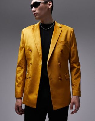 Topman skinny double breasted velvet blazer in gold  - ASOS Price Checker