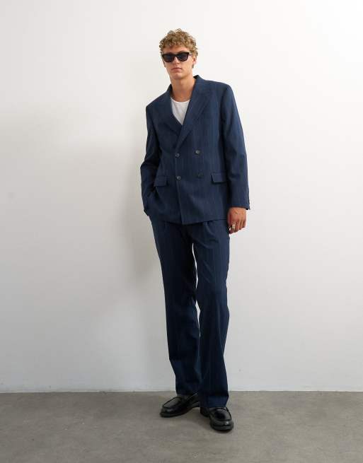 Topman blazer croisé coupe relaxed à rayures fines bleu marine, 2 de 5