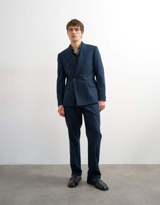 Topman - Blazer doppiopetto in misto lino blu navy, 2 di 5