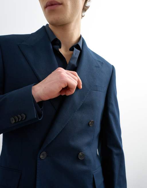Topman - Blazer doppiopetto in misto lino blu navy, 5 di 5