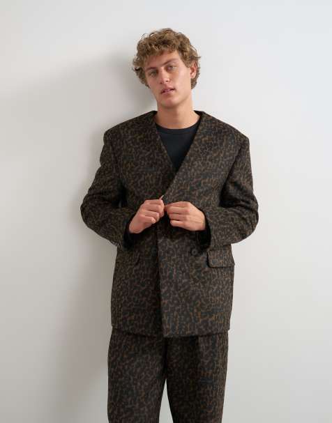 Topman blazer i oversize-passform utan krage, dubbelknäppt, med leopardmönster i brunt - view 1