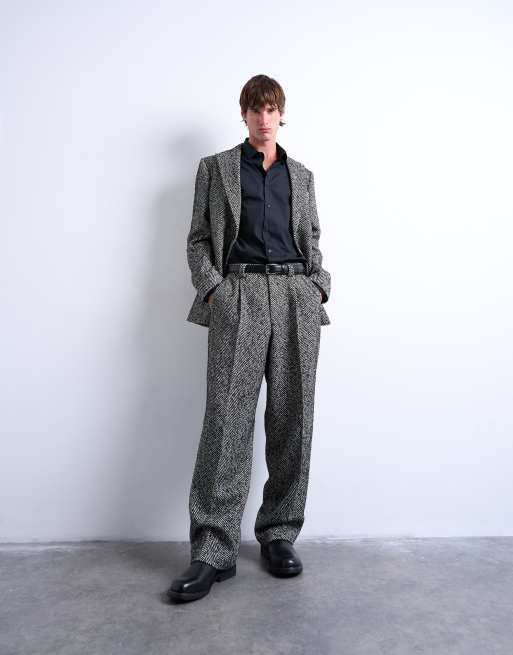 Topman - Blazer in misto lana nero a spina di pesce vestibilità comoda , 2 di 5