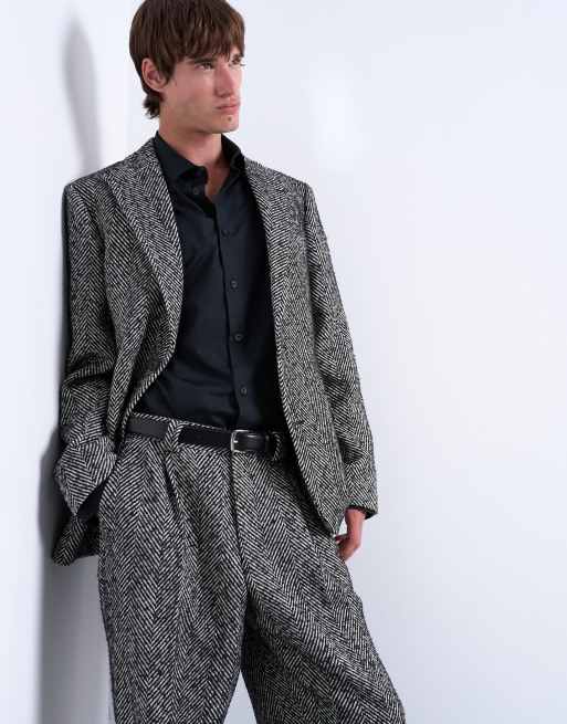 Topman - Blazer in misto lana nero a spina di pesce vestibilità comoda , 3 di 5