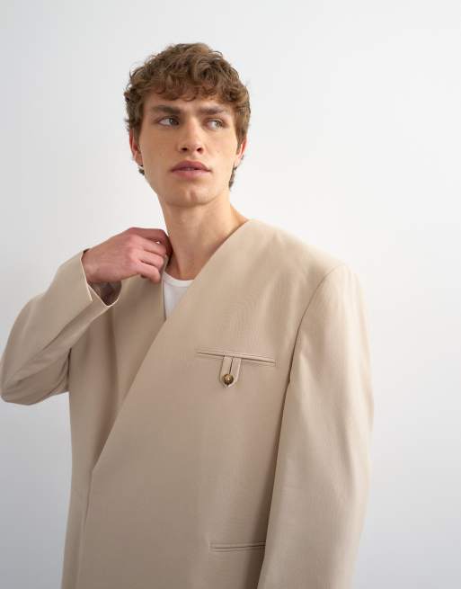 Topman - Blazer oversize senza colletto color pietra